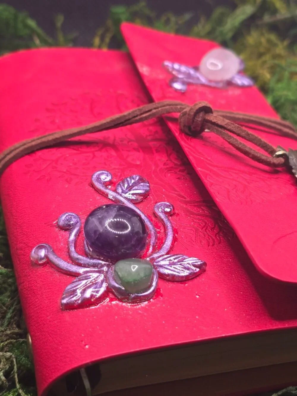 Red Faux Leather Crystal Journal | Amethyst Aventurine Quartz